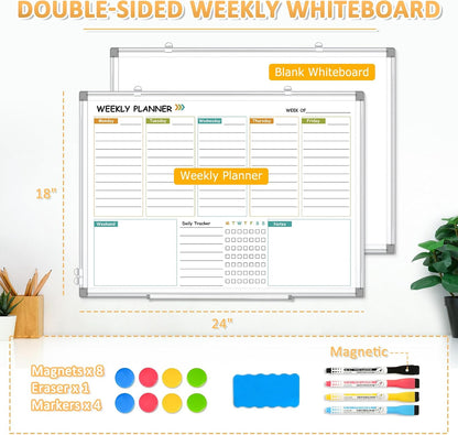Dry Erase Calendar Whiteboard for Wall, 24"x18" Magnetic Monthly White Board Cork Board Combo, Double Sided, Aluminum Frame, Wall Hanging Wipe Board for Home, Office, School, Dorm