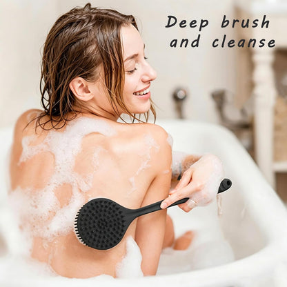 Silicone Back Scrubber for Shower, 17in Lengthen Long Handle Body Brush, Double Sided Shower Brush for Shower Exfoliating and Massage,Includes 2 Hooks (Black)