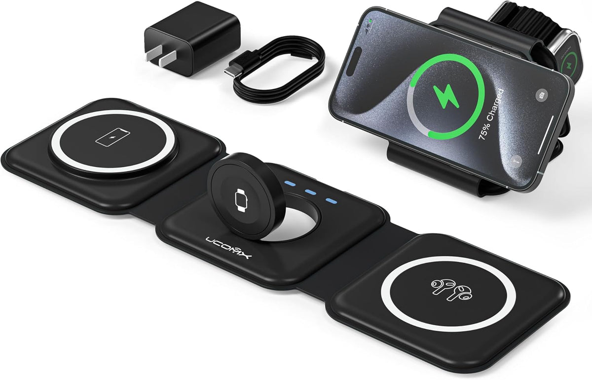 3 in 1 Charging Station for Multple Devices,Foldable 3 in 1 Wireless Charger for Travel,NANO Wireless Charging Station for iPhone17 16 15 14 13 12 Pro Max/Watch 10 9 8 7 6 5 4 3 Ultra/AirPod Pro