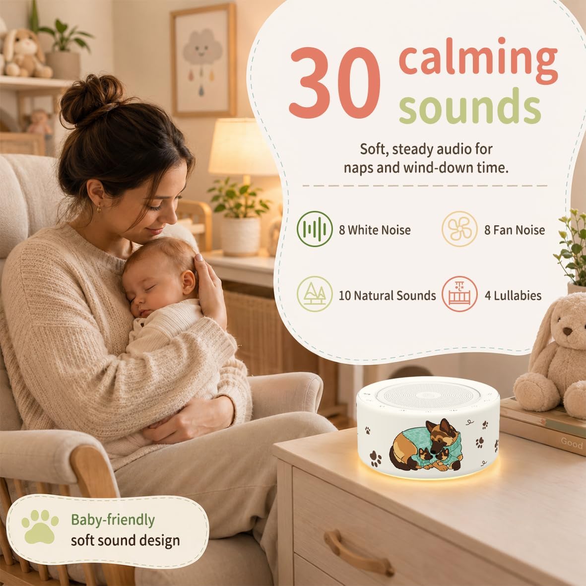 Kipcush White Noise Machine for Baby & Adults, 30 Soothing Sounds, Soft Non-Glare Nursery Lamp, 8 Color Night Lights, Memory Function (Angel V1 White, Standard)