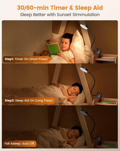 Glocusent Clip on Light, 72 LEDs Clip on Lamp with Amber Night Light, 3 Colors & 5 Brightness Bed Lamp, 30/60-Min Auto Off Timer, Perfect Eye Caring Reading Lamps for Bed/Headboard/Table/Desk