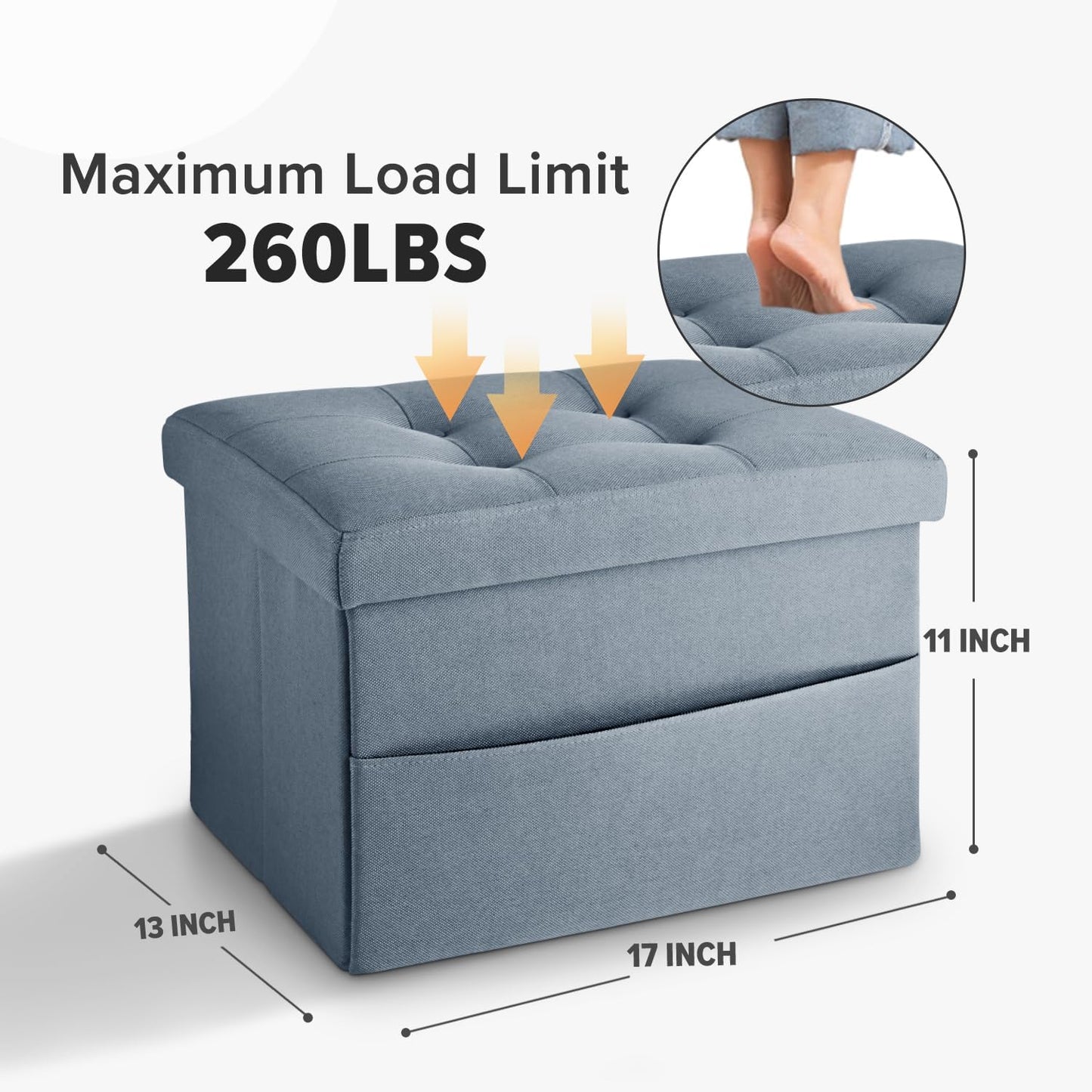 LINMAGCO Ottoman Storage Ottoman with Storage Small Foot Rest Stool Under Desk Stool Short Folding Footrest Linen Cloth Dark Gray 16X12X12IN