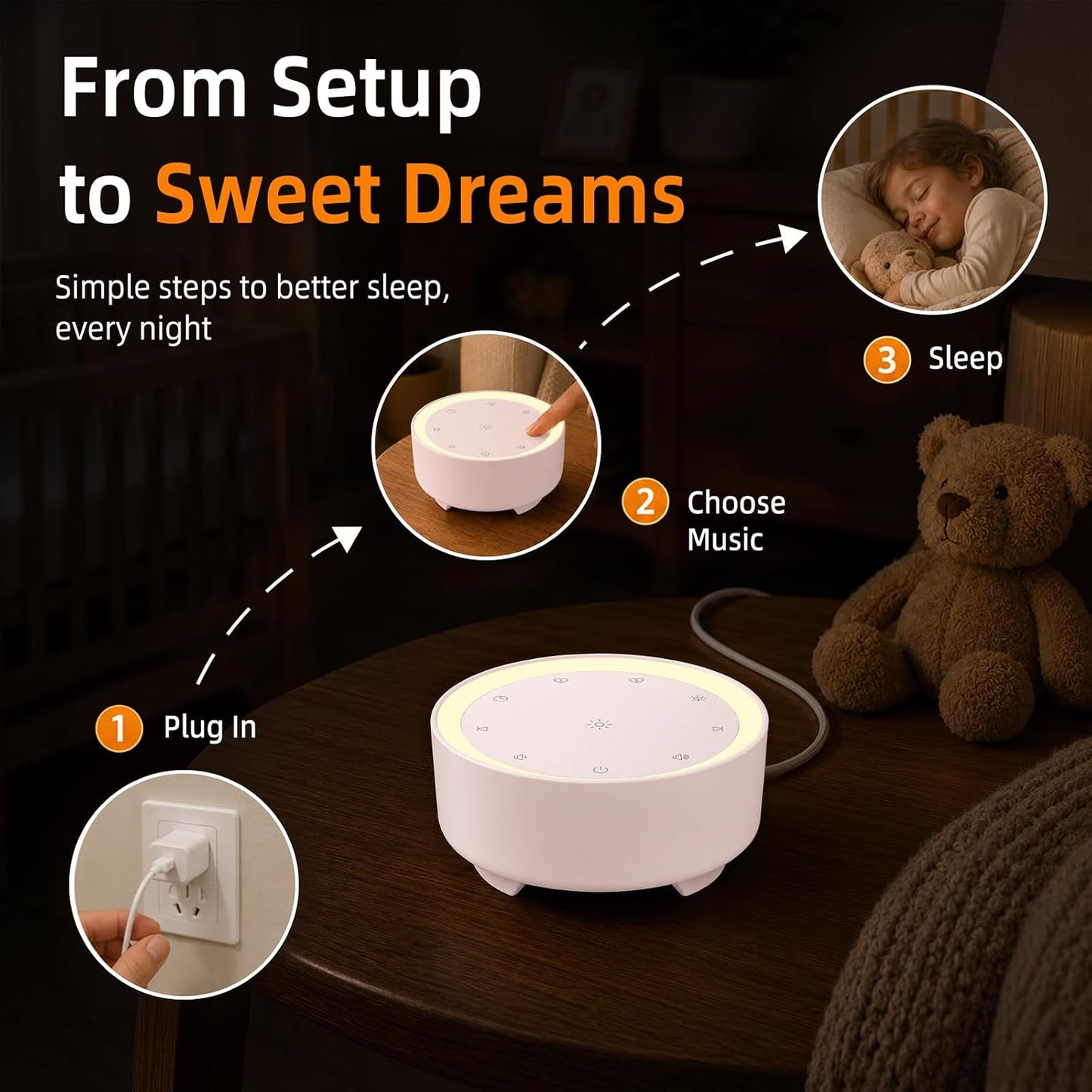 Kipcush White Noise Machine for Sleeping – High-Fidelity Non-Looping Sounds, Dimmable Night Light, USB Powered, Sleep Sound Machine for Baby, Kids & Adults (A - Model White+, Standard)