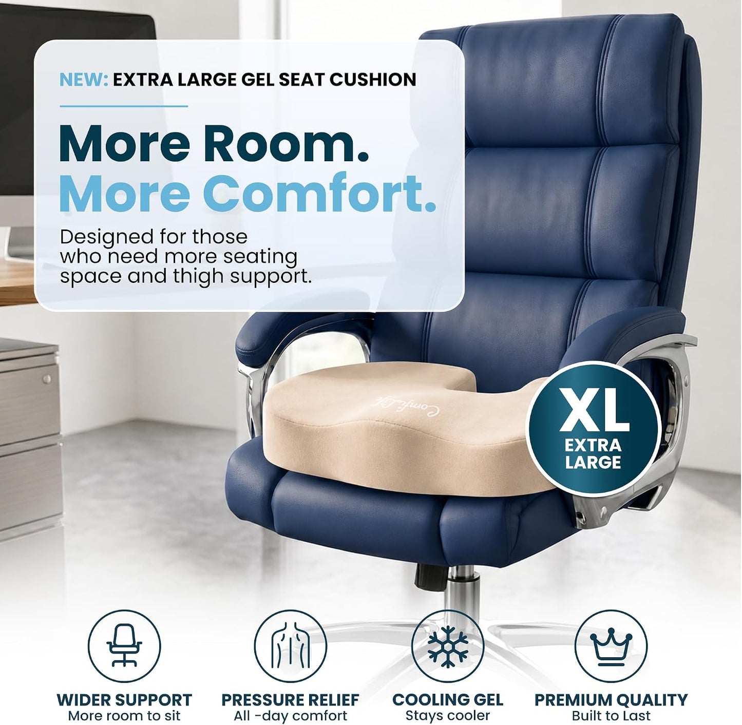 ComfiLife Gel Enhanced Seat Cushion – Office Chair Cushion – Non-Slip Gel & Memory Foam Coccyx Cushion for Tailbone Pain - Desk Chair Car Seat Cushion Driving - Sciatica & Back Pain Relief (Navy)