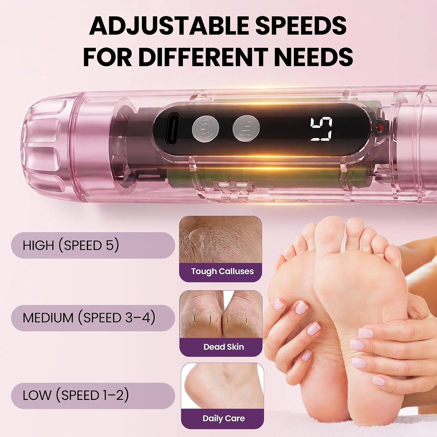 Electric Callus Remover for Feet, Cordless Foot Sander with 5 Speeds | Upgraded 1200RPM, 3-in-1 File, LED Display, 3-Hour Battery, 50 Discs, Heel Grinder, Home Pedicure Gift for Women Men