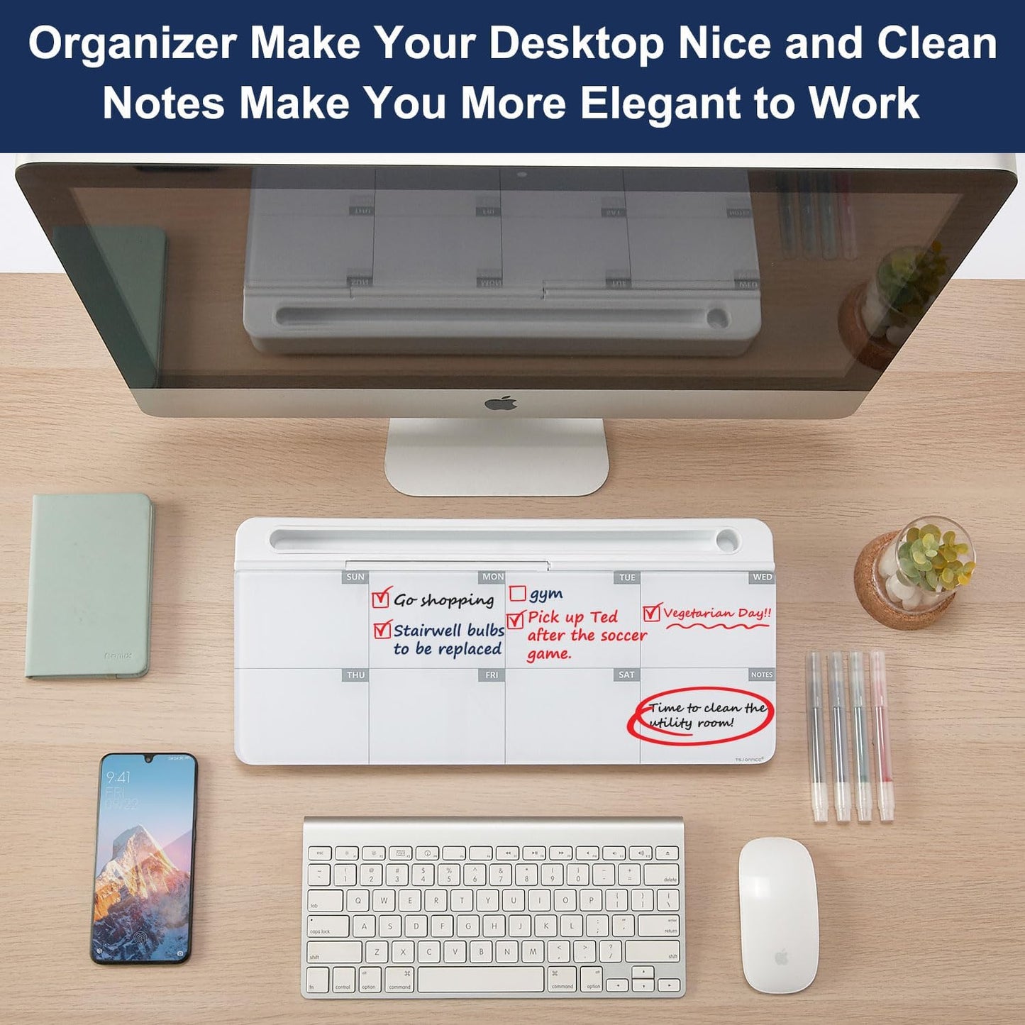 TSJ OFFICE Whiteboard Weekly Dry-Erase-Board - Desktop White Board Calendar Desk Organizers with Accessories Computer Keyboard Stand with Drawer, for Office, Home, School Supplies - White Calendar