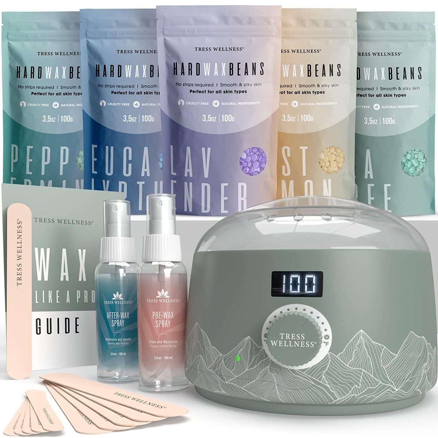Tress Wellness Award Winning Waxing Kit for Sensitive Skin, Safe for Face & Skin, Easy to Use, At-Home Kit for Face, Bikini, Brazilian & Full Body - Digital Display, Black Purple Flower