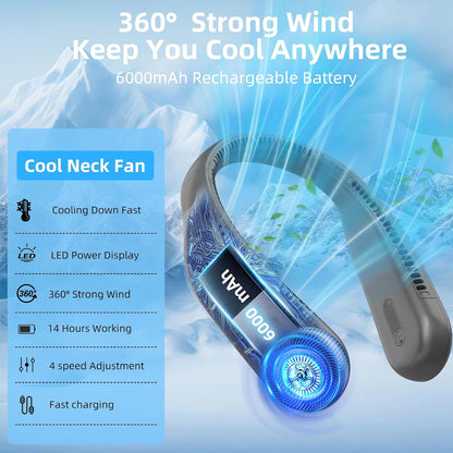Portable Neck Fan, Personal Wearable Bladeless Fan, 6000mAh USB Rechargeable, 360° Airflow, LED Display, 4-Speeds, Hands Free Fan for Outdoor Indoor, Birthday Gifts for Men Women Dad Mom (Black)
