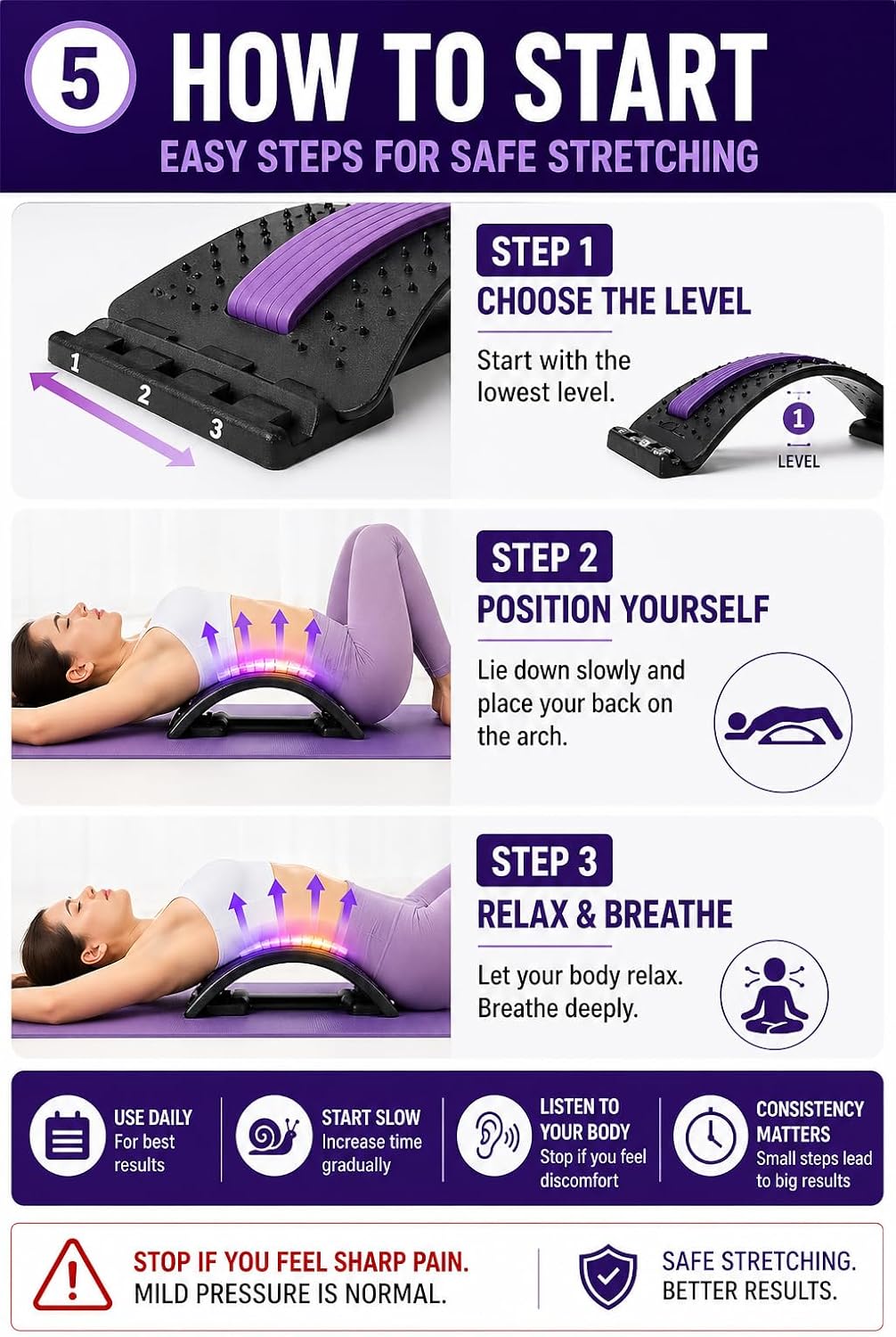 YAJIACLONE Back Stretcher for Lower Back, Adjustable Lumbar Support Board, Manual Spine Stretch Tool for Daily Use, Portable Device (Not a Massage Device)