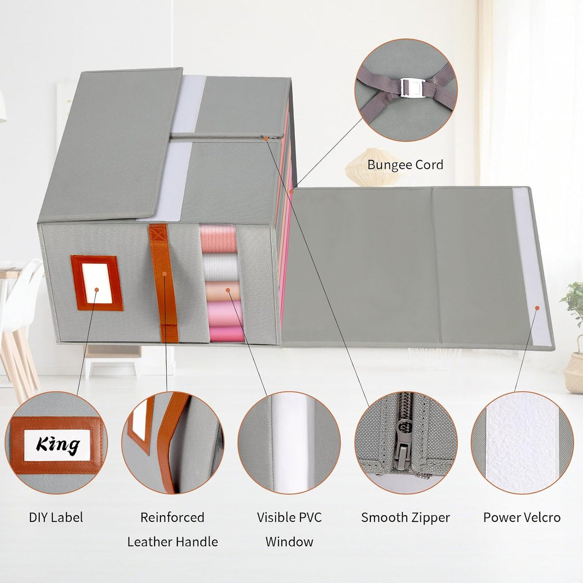 Extra Large Bed Sheet Organizer, Foldable Sheet Organizers and Storage with Oxford Fabric, Clear PVC Window & Leather Handle – Storage for Bedding, Blankets, Duvet Cover Set, Quilt