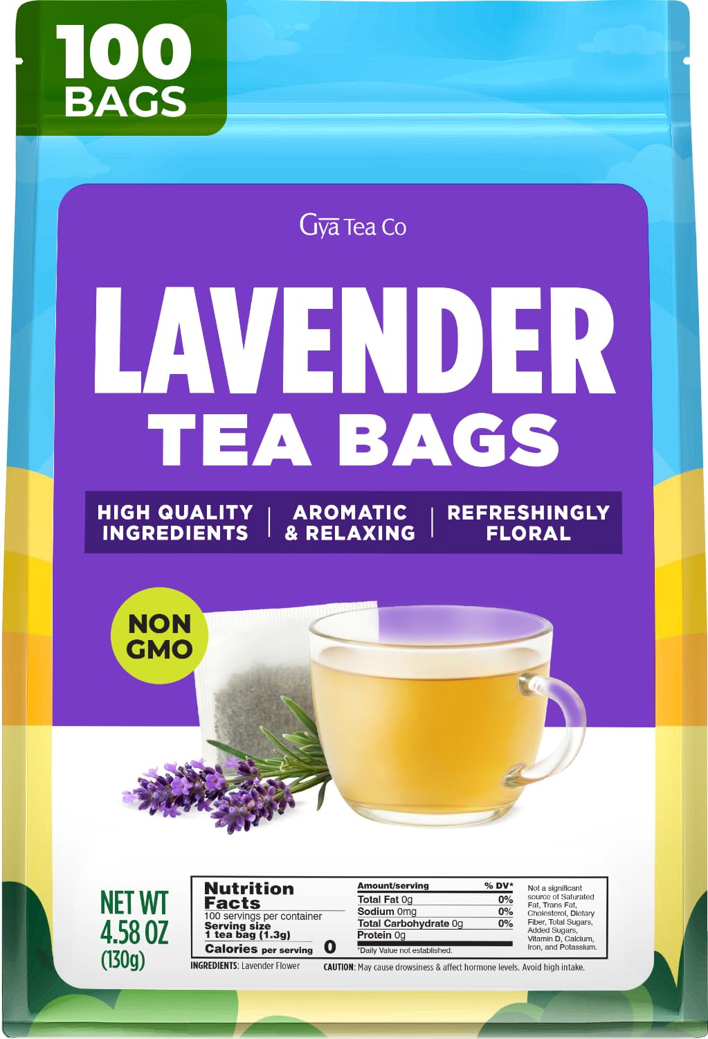 Lavender Tea Bags 100 Count - 100% Natural Caffeine Free Herbal Tea