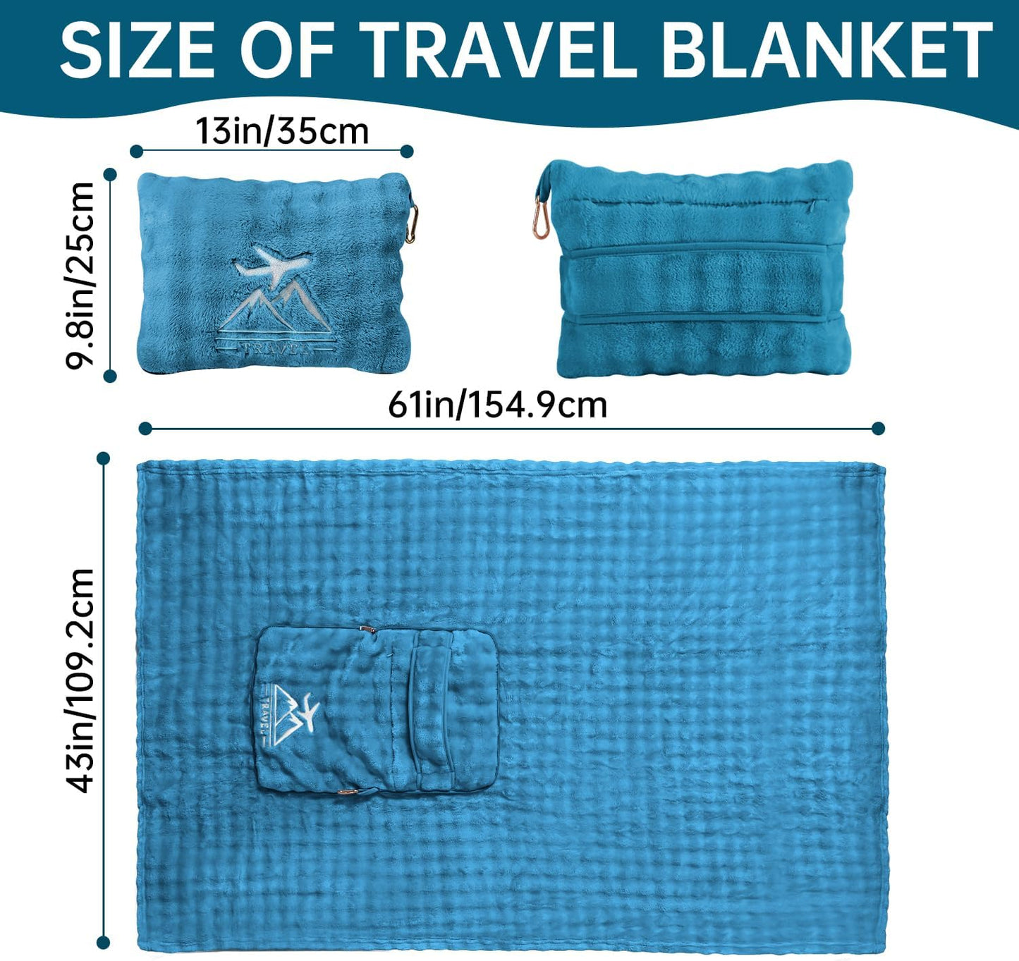 Travel Blanket and Pillow-2-in-1, Ultra-Soft&Compact, One-Piece Airplane Blanket with Hand Luggage Belt and Backpack Clip,Travelers Accessories Gifts, 61x43 Inches (Blue)