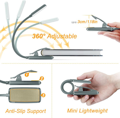 Gritin 9 LED Rechargeable Book Light for Reading in Bed | Eye Caring 3 Color Temps,Stepless Dimming Brightness,80 Hrs Runtime Small Lightweight Clip On Book Reading Light for Studying