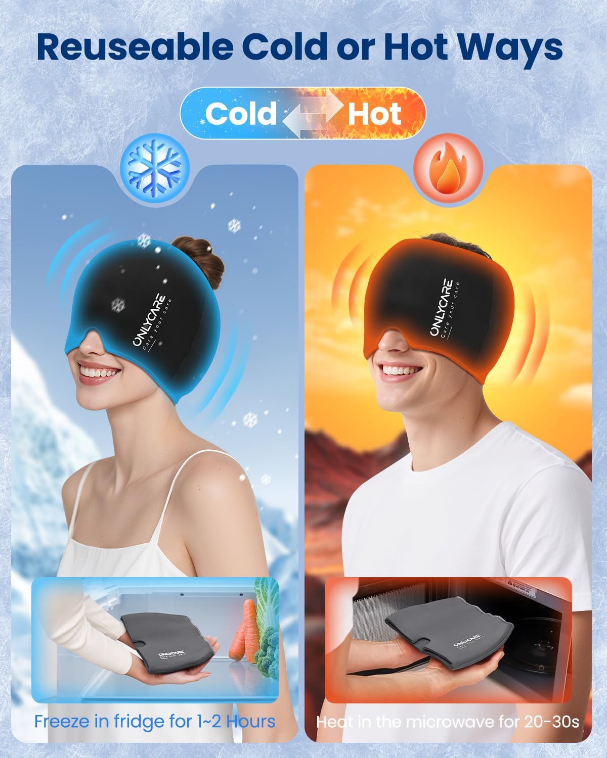 ONLYCARE Migraine Relief Cap, Upgraded Headache Relief Cap with Odorless Reusable Gel Head Wrap, Soothing Face Ice Pack Mask Products with Hot & Cold Therapy for Tension, Stress, Hangover & Puffy Eyes