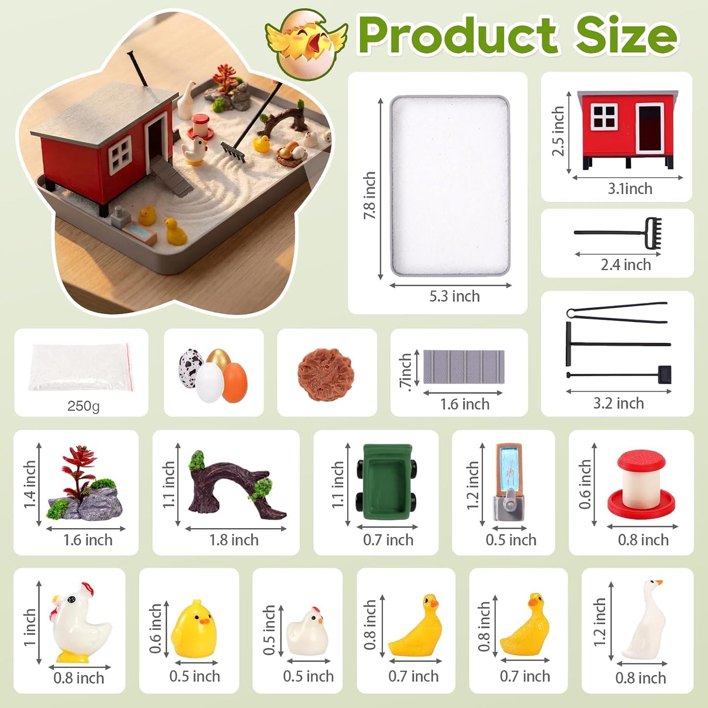 Chicken Zen Garden for Desk - 20Pcs Desk Zen Garden Kit with Coop, Sand, Hen Figurines & Rakes for Office Decor, Meditation and Stress Relief, White Elephant Gifts for Chicken Lovers