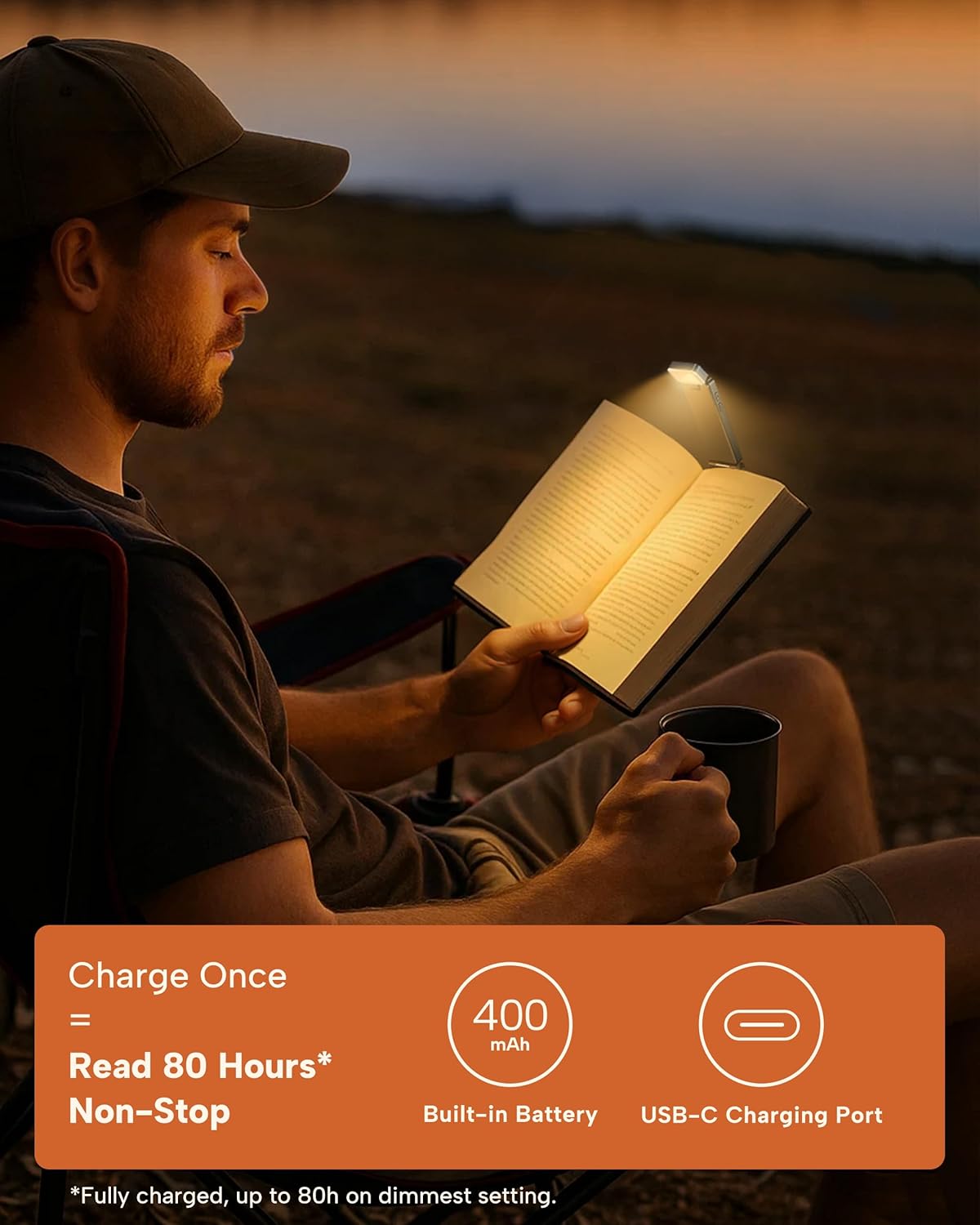 86lux Book Light, Rechargeable Reading Lights for Books in Bed, Ultralight Clip-on LED Bookmark Lamp with 3 Amber Colors & Stepless Dimming for Night Reading for Book Lovers, Papaya Orange
