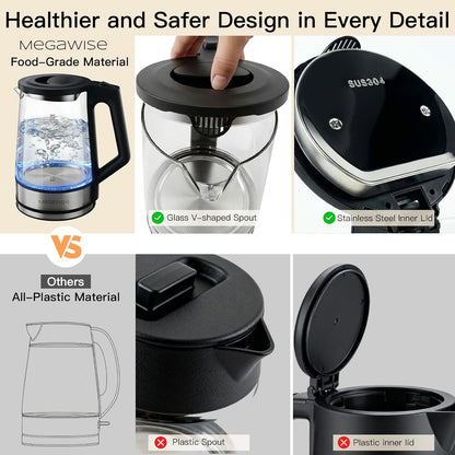 MEGAWISE 1.8 L Glass Electric Kettle, 1000W, Auto Shut-Off, Black