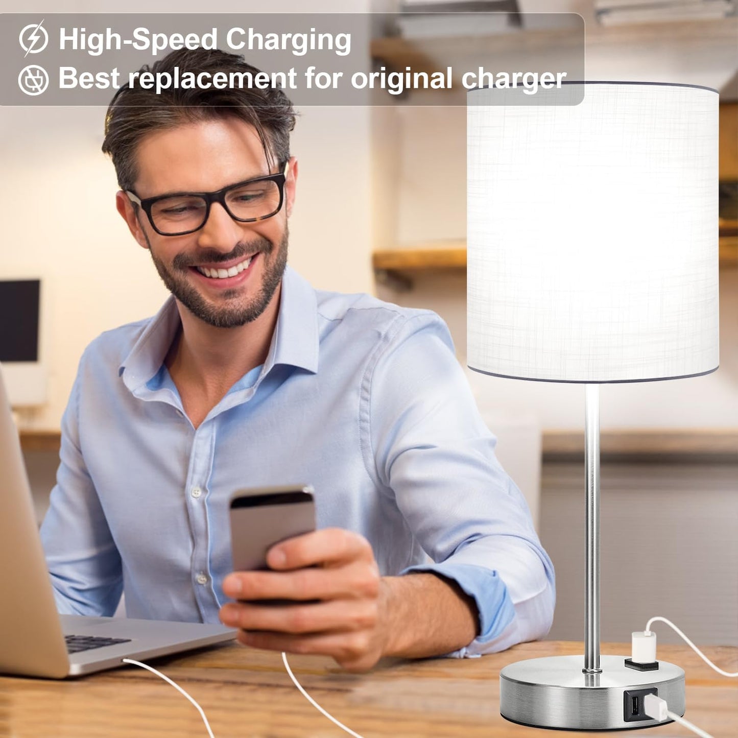 Set of 2 Touch Control Table Lamps with 2 USB & AC Outlet, 3-Way Dimmable Bedside Nightstand Lamps for Bedroom Living Room Nursery, 800 Lumens 5000K Daylight Bulbs Included