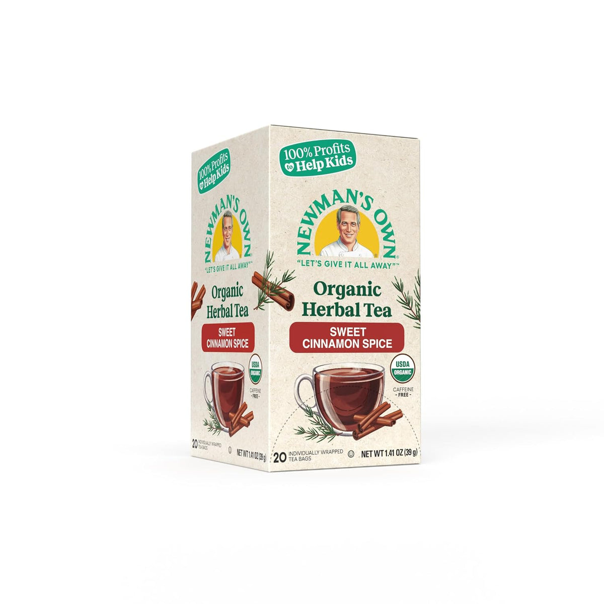 Newman's Own Organic Sweet Cinnamon Spice Herbal Tea with Rooibos Tea with Organic Ginger 20 Individually Wrapped Tea Bags Per Box USDA Certified and Kosher Cinnamon Tea Caffeine-Free