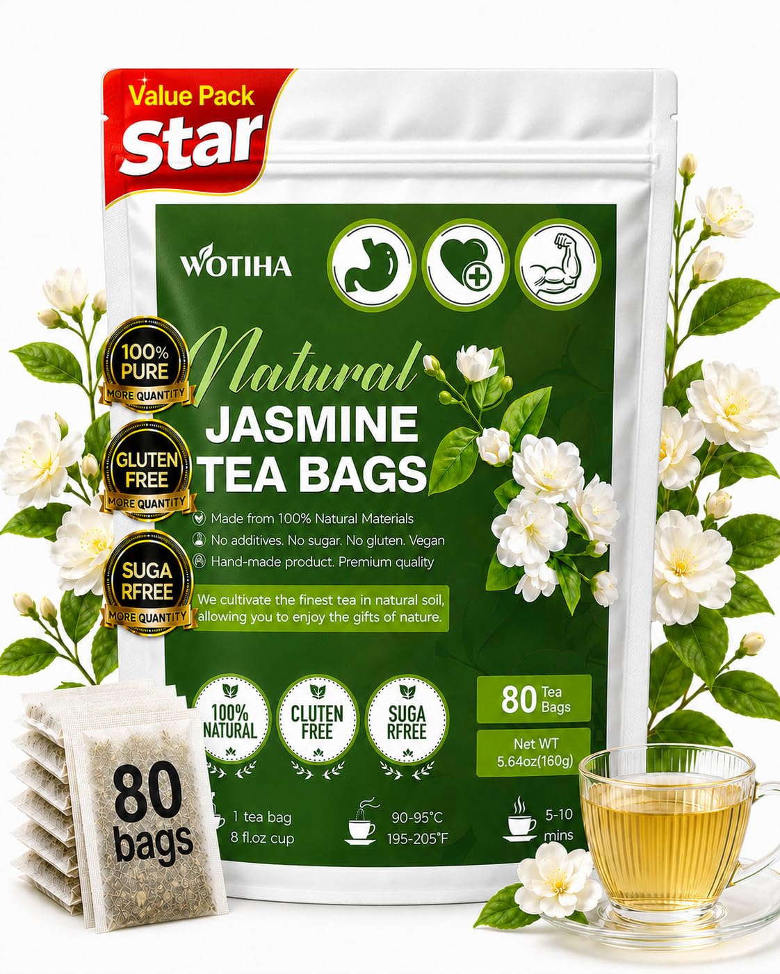 WOTIHA Jasmine Flower Tea Bags, Naturally Caffeine-Free, 80 Count, 160 g