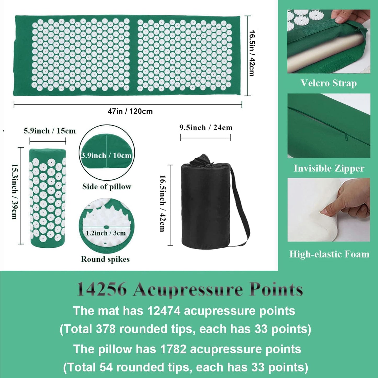 XiaoMaGe Acupressure Mat and Pillow Set with Bag - Extra Long Acupuncture Mat for Neck & Back Pain Relief- Naturally Relaxation Gift for Women - Stress Relief Massage Mat (Black)