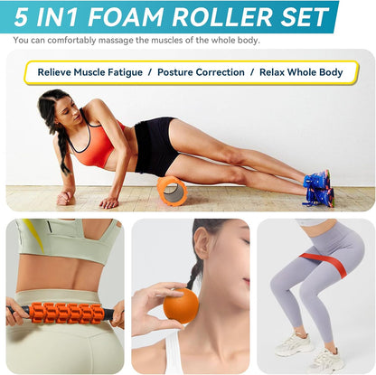 Krightlink 5 in 1 Foam Roller Set for Deep Tissue Muscle Massage, Trigger Point Fitness Exercise Foam Roller, Massage Roller, Massage Ball, Stretching Strap, for Whole Body (Orange Black)