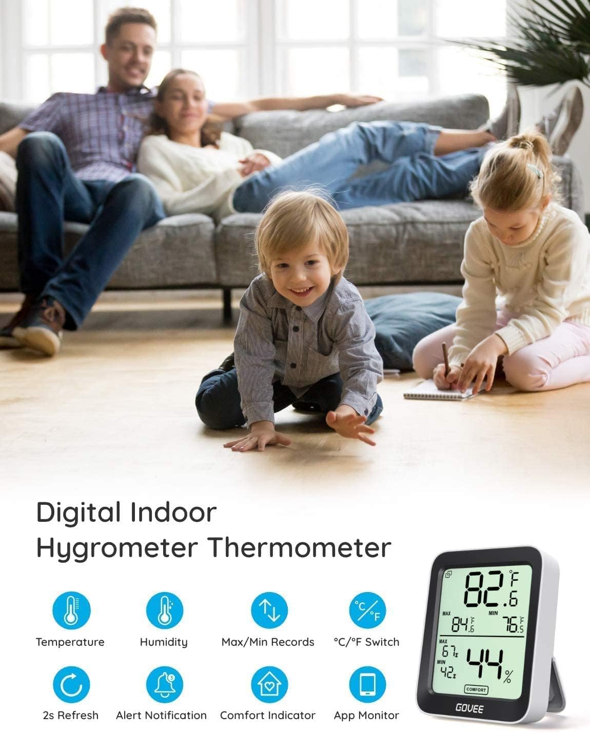 Govee Indoor Hygrometer Thermometer 2Pack H5075 with Bluetooth App Control | Room Temperature Humidity Meter, 164ft Remote Monitor, Smart Alerts, 2 Years Data Storage Export, for Bedroom Wine Cellar