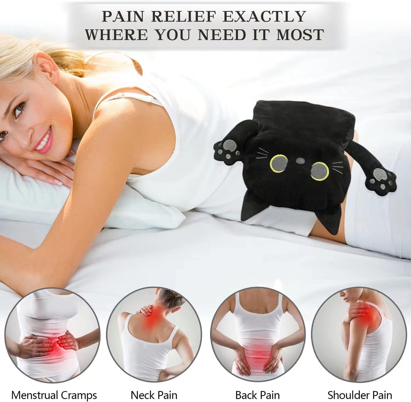 Microwave Heating Pad for Pain Relief, 17" x 9" Microwavable Heating Pads for Cramps, Back Pain, Neck Shoulder, Muscles, Knee, Joints, Natural Heat Pack Moist Heat, Black Cat