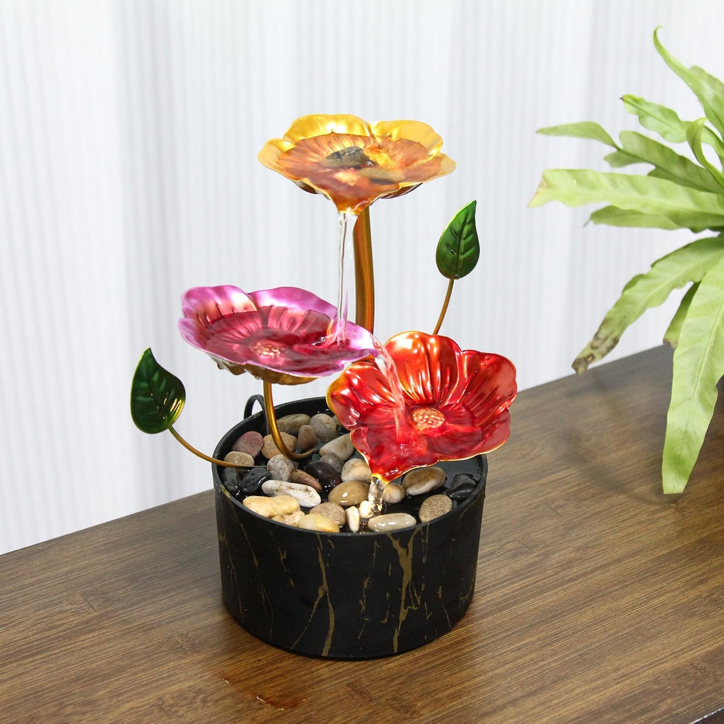 Water Fountain Indoor Waterfall Fountain 3-Tier Tabletop Fountain Lotus Desk Relaxation Home Decor Including Lots of Rocks and Soothing Sound Machine (Green 1)