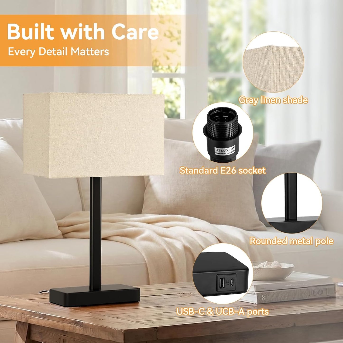 Hong-in Touch Lamps for Bedroom - 3-Way Dimmable Bedside Lamps Set of 2 with USB C+A, Grey Modern Table Lamp for Night Stands, Desk Lamp for Living Room Nightstand End Tables Bed Side