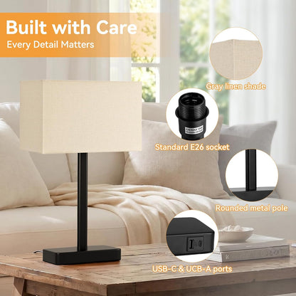 Hong-in Touch Lamps for Bedroom - 3-Way Dimmable Bedside Lamps Set of 2 with USB C+A, Grey Modern Table Lamp for Night Stands, Desk Lamp for Living Room Nightstand End Tables Bed Side