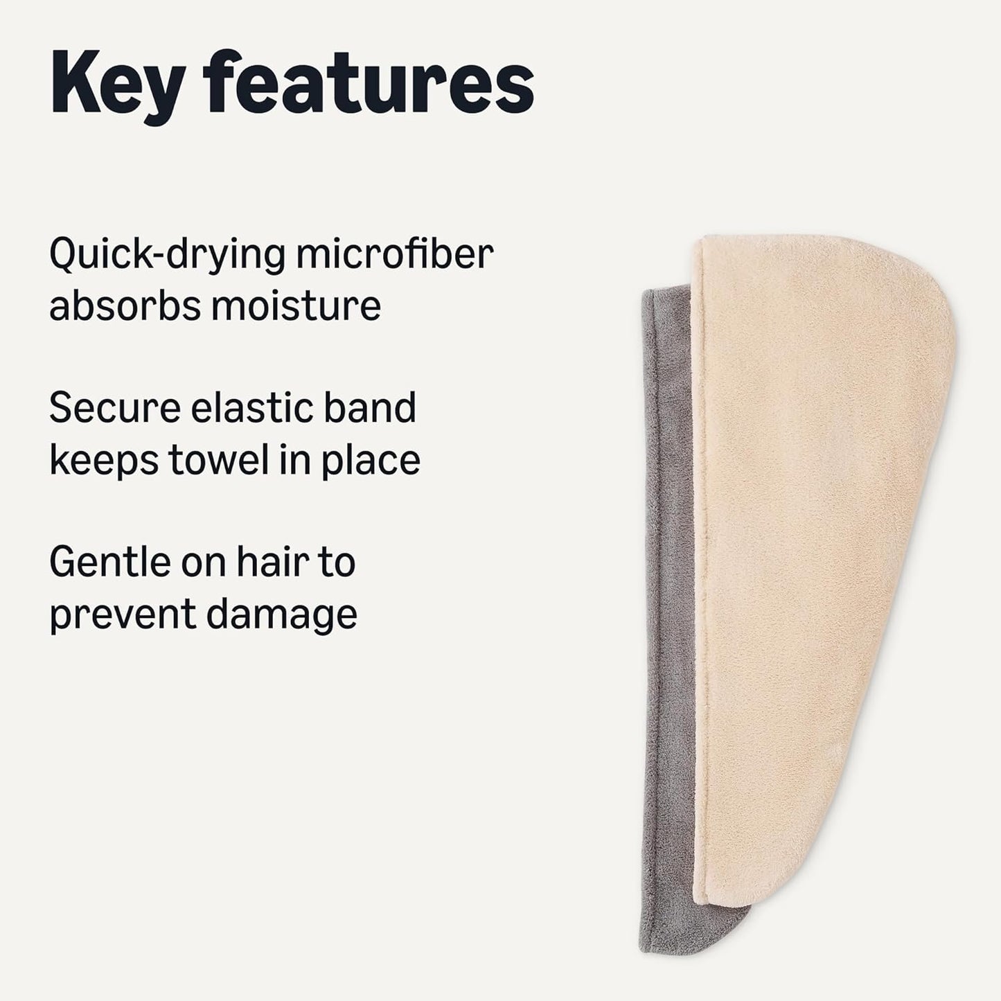 Amazon Basics Quick Dry Microfiber Hair Towel Wrap, Hair Drying Towel, Grey/Beige, 2-Pack