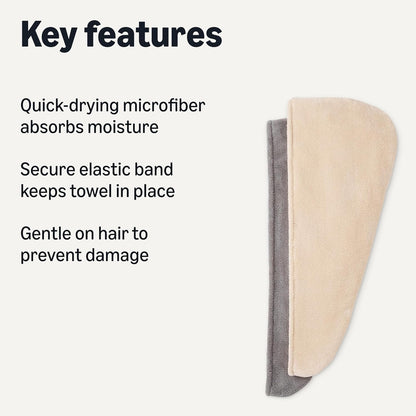 Amazon Basics Quick Dry Microfiber Hair Towel Wrap, Hair Drying Towel, Grey/Beige, 2-Pack