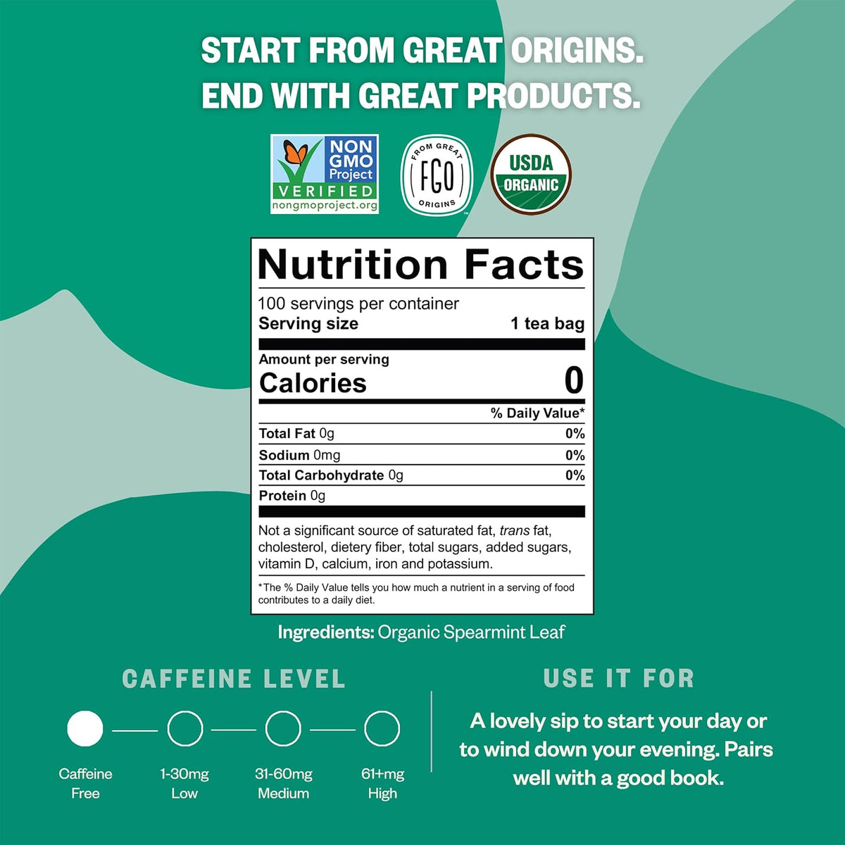 FGO Organic Spearmint Leaf Tea, 100 Count, Eco-Conscious Tea Bags, Caffeine Free, Resealable Bag, Packaging May Vary (Pack of 1)