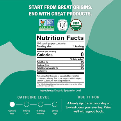 FGO Organic Spearmint Leaf Tea, 100 Count, Eco-Conscious Tea Bags, Caffeine Free, Resealable Bag, Packaging May Vary (Pack of 1)