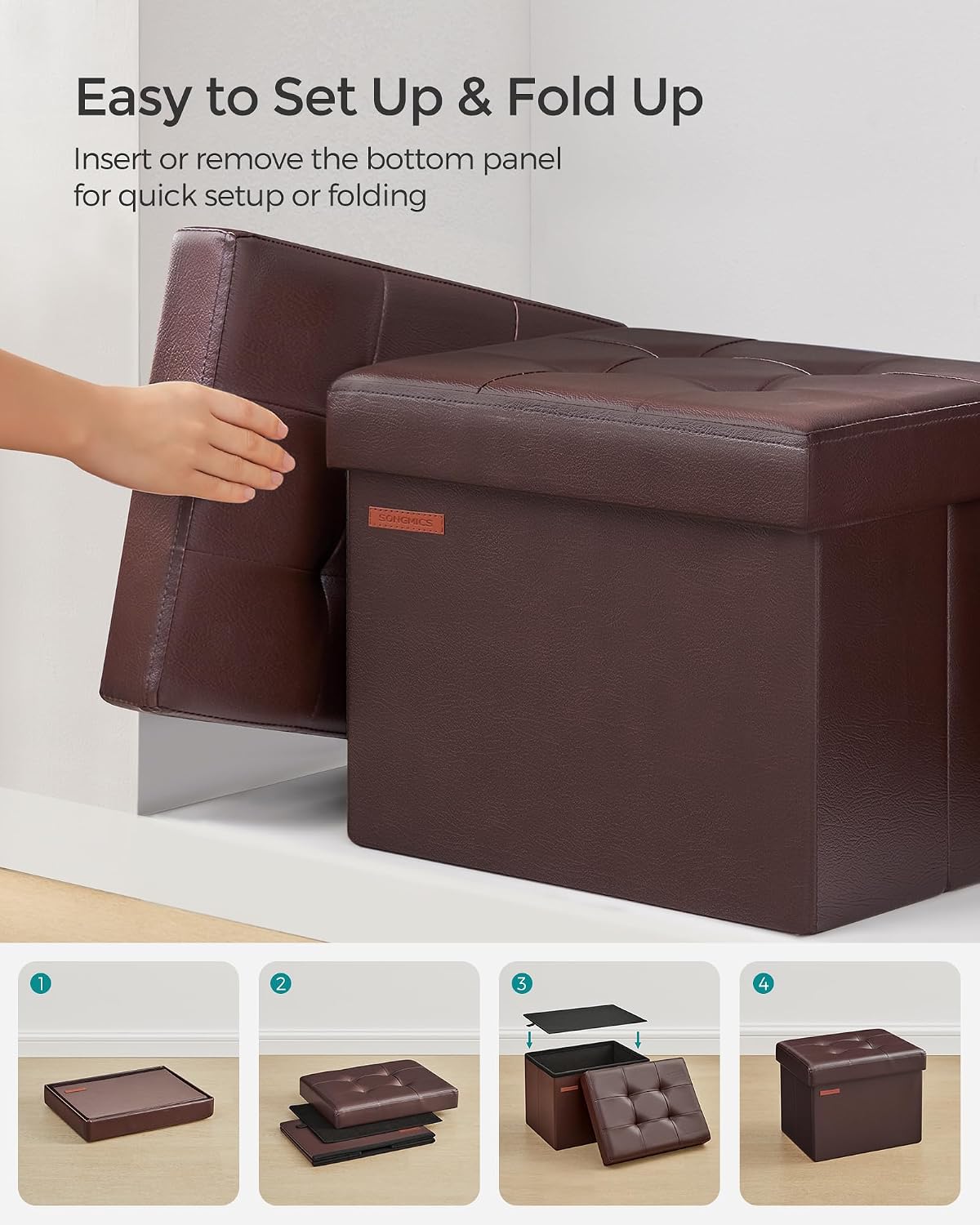 SONGMICS Small Folding Storage Ottoman, Foot Rest Stool, Cube Footrest, Synthetic Leather, 12.2 x 16.1 x 12.2 Inches, 286 lb Capacity, for Living Room, Bedroom, Dorm, Ink Black ULSF100B01