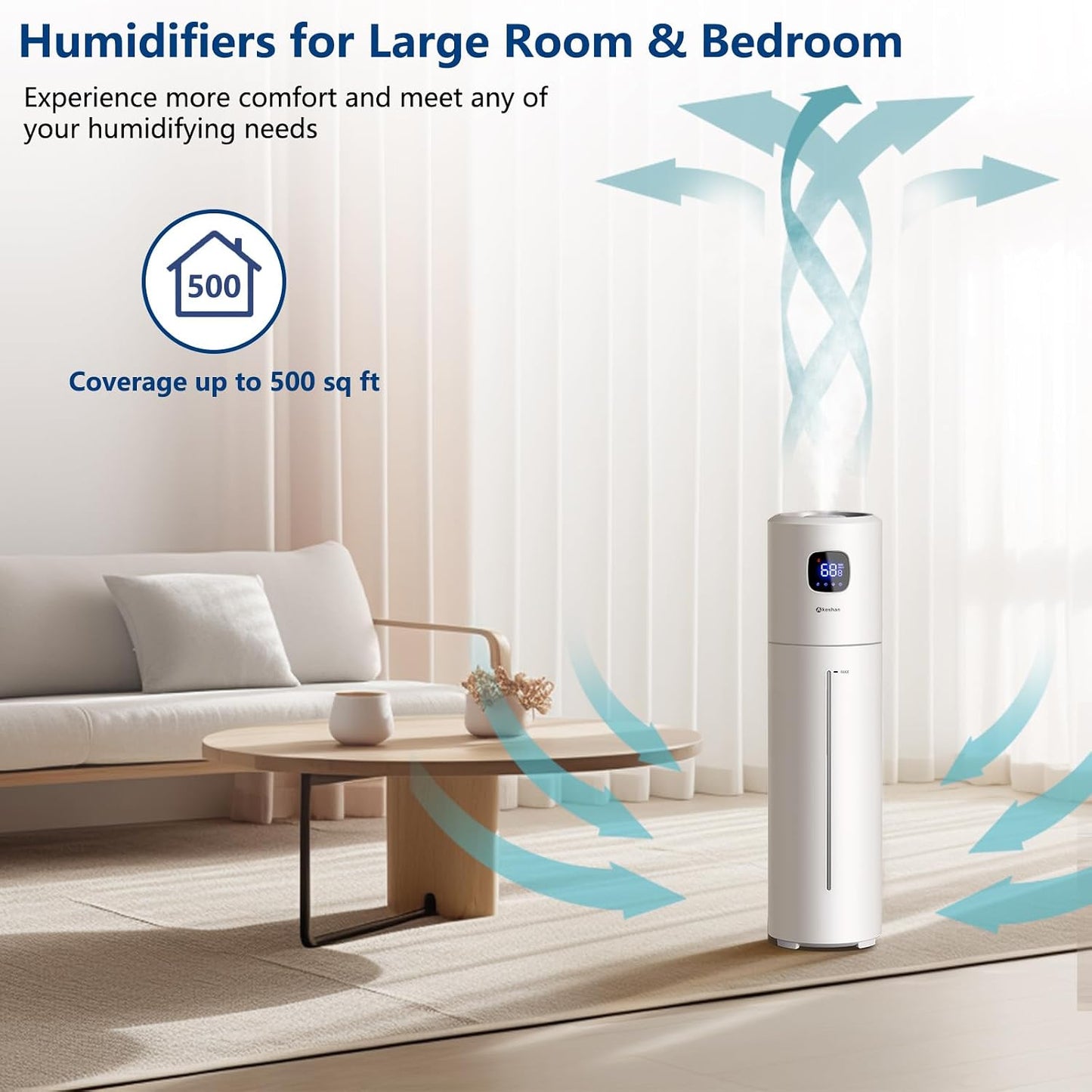 Akeshan Large Humidifiers for Bedroom, 9L/2.5Gal Ultrasonic Cool Mist Humidifier, Top Fill Easy Clean with 350ML/H Large Mist Speed, Quiet, Suitable for Kids Room Plant Yoga Office Study Room Living