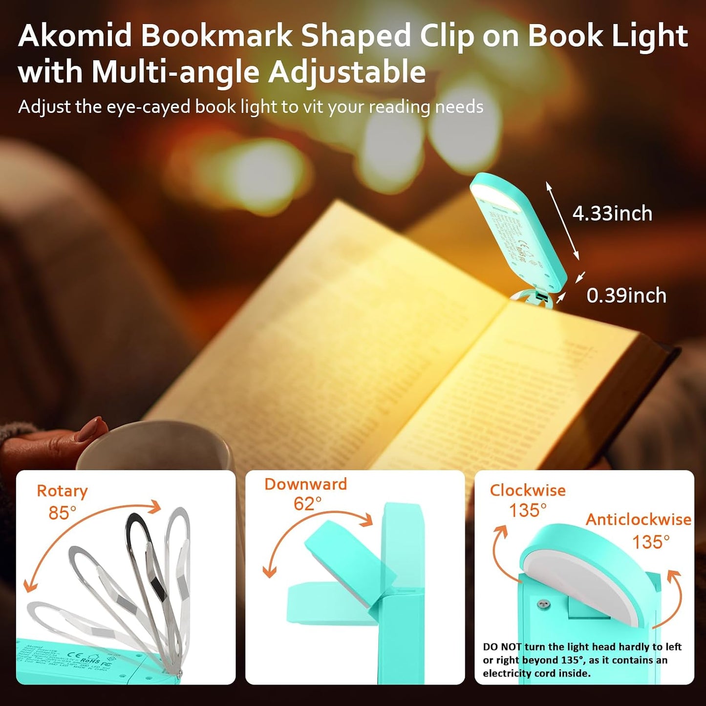 Akomid USB Rechargeable Book Light for Reading in Bed, 8 LEDs Bookmark Style Clip on, Eye-Cared Amber Light Mode for Kids, Blue Light Blocking, Stepless Dimming,Khaki