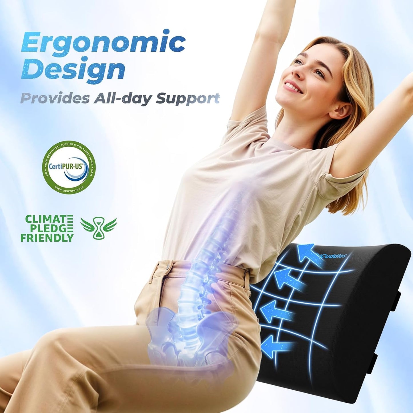 Lumbar Support Pillow for Office Chair Back Support - Memory Foam Lumbar Pillow for Car or Gaming Chair, Ergonomic Back Cushion with Adjustable Strap for Long-Hour Sitting (Black)