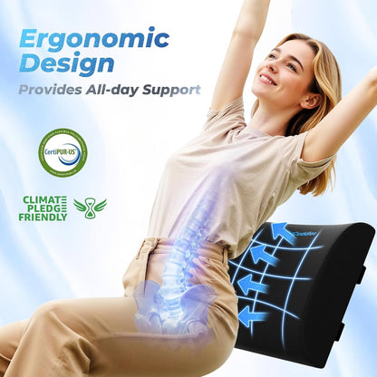 Lumbar Support Pillow for Office Chair Back Support - Memory Foam Lumbar Pillow for Car or Gaming Chair, Ergonomic Back Cushion with Adjustable Strap for Long-Hour Sitting (Black)