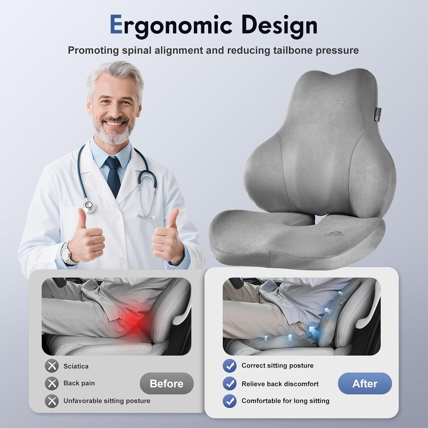 Coverado Car Lumbar Support Pillow and Car Neck Pillow Kit, Ergonomic Design Car Headrest Pillow for Driving, Relax Back Head Muscles Relieve Driving Fatigue, Breathable & Removable Cover, Gray