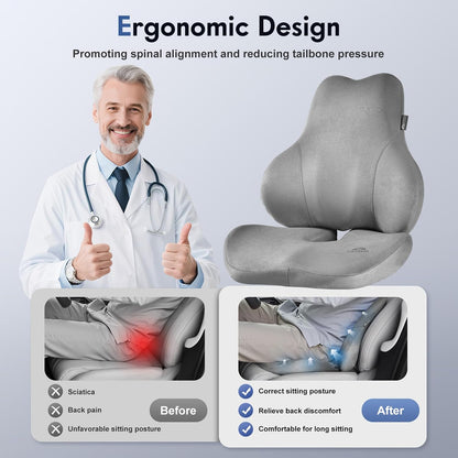Coverado Car Lumbar Support Pillow and Car Neck Pillow Kit, Ergonomic Design Car Headrest Pillow for Driving, Relax Back Head Muscles Relieve Driving Fatigue, Breathable & Removable Cover, Gray