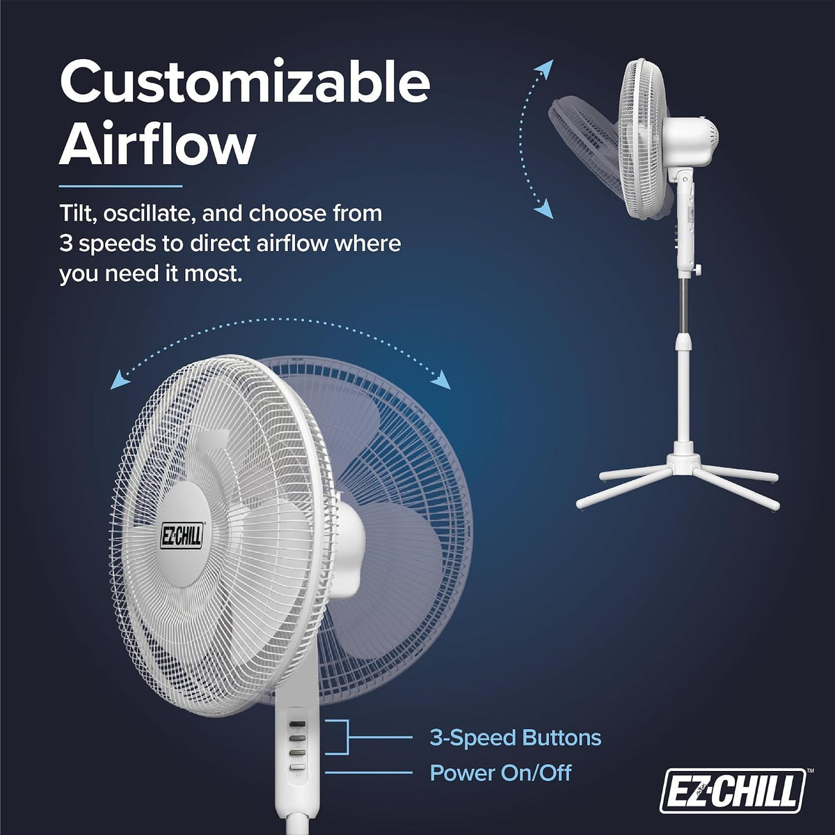 EZ-CHILL 16" Oscillating Pedestal Fan, 3-Speed Options, 90-Degree Oscillating Head, Adjustable Height and Tilt, White, MTSP15-16AZ