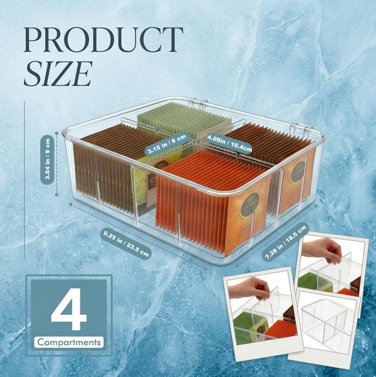 Tea Organizer for Tea Bags Organizer and Storage With Lid | Clear, Removable Divided, Tea Bag Holder, Drink Packets Organizer, For Cabinet, Counter, Countertop