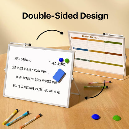 Marsrock Dry Erase White Board with Stand,Double-Sided Weekly Whiteboard 16"x12",10 Markers,6 Magnets,1 Eraser,Portable Desktop Whiteboard for Planning,Weekly Schedule Board for Office