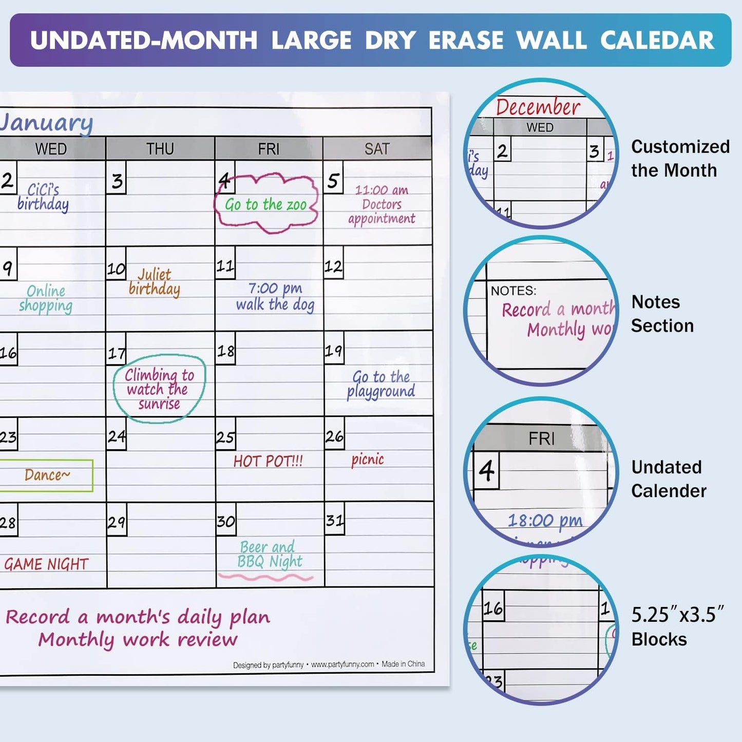 Dry Erase Monthly Extra Large White Board Calendar for Wall, 25" by 38", Jumbo Laminated Erasable One Month Whiteboard Calendar, Huge Oversized Blank 30-Day Poster with Lines and Squares