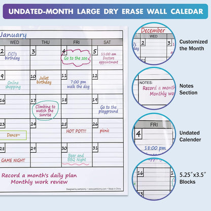 Dry Erase Monthly Extra Large White Board Calendar for Wall, 25" by 38", Jumbo Laminated Erasable One Month Whiteboard Calendar, Huge Oversized Blank 30-Day Poster with Lines and Squares