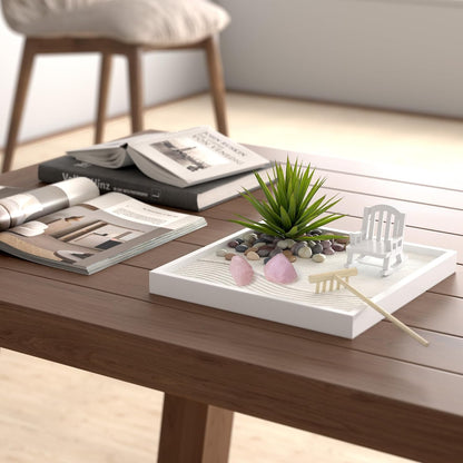 Zen Garden for Desk – White Modern Style with Healing Crystals and Sand Rake, Perfect for Home, Office, and Desktop Decor, Meditation and Stress Relief
