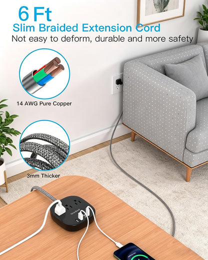 Travel Essentials, 22.5W/4.5A Flat Plug Power Strip, 6 Ft Extension Cord