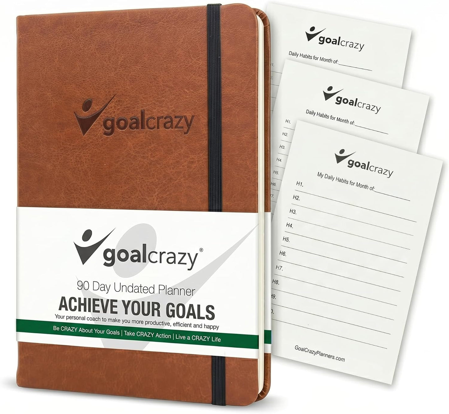 Goal Crazy Undated Planner – 90 Day Guided Journal & Productivity Organizer, A5 Daily & Weekly Planner with Goal Setting, Habit Tracker, To Do List, Academic & Work Calendar, Leather Hardcover - Black